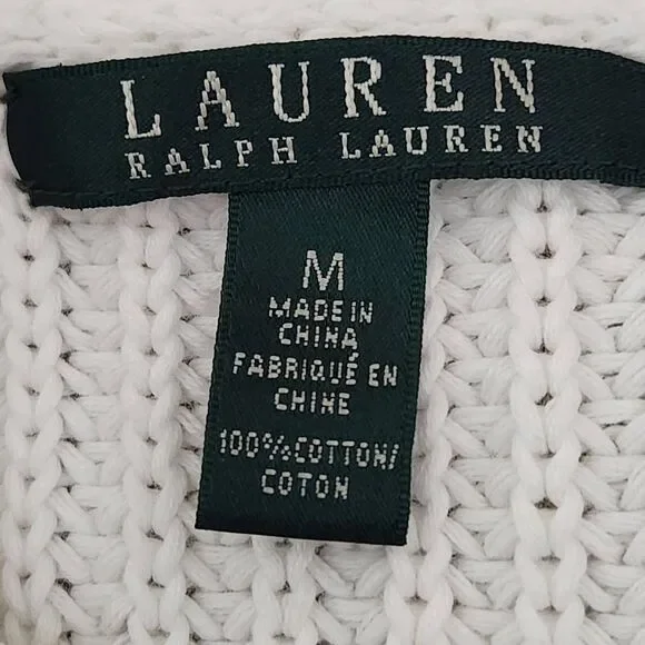 Lauren Ralph Lauren LRL crewneck cable knit sweater white cotton medium - Picture 5 of 7